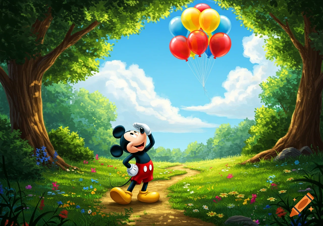 Mickey Mouse stands on a dirt path in a vibrant green forest, looking up at colorful balloons floating in a bright blue sky.
