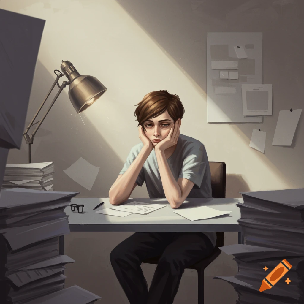 An illustrative image of a person with short brown hair sitting at a desk piled high with papers, resting their chin on their hands and looking exhausted under a desk lamp.
