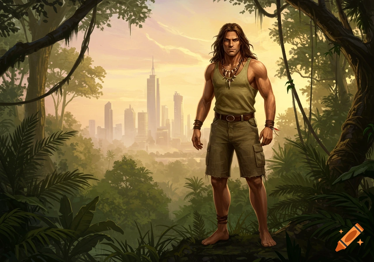Muscular man with long hair in jungle attire stands in a lush jungle, modern city skyline in the background under a sunset sky.