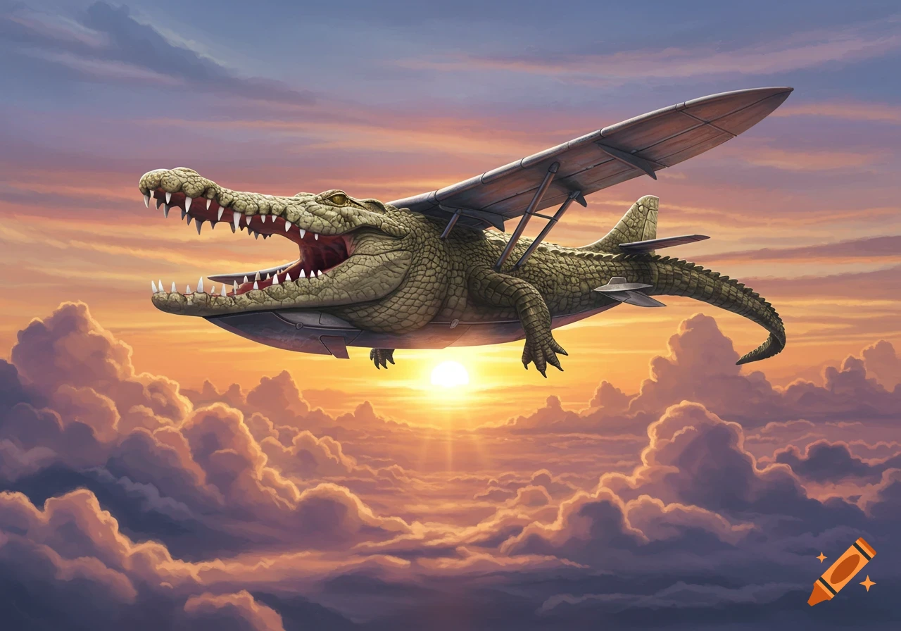 A fantastical crocodile airplane with open jaws soars through a vibrant sunset sky filled with orange and purple clouds.