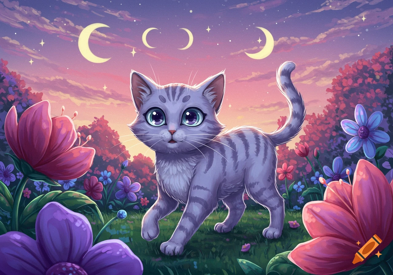 A cute gray tabby cat with large eyes walks through a vibrant fantasy flower garden under a sky with moons and stars, in anime style.