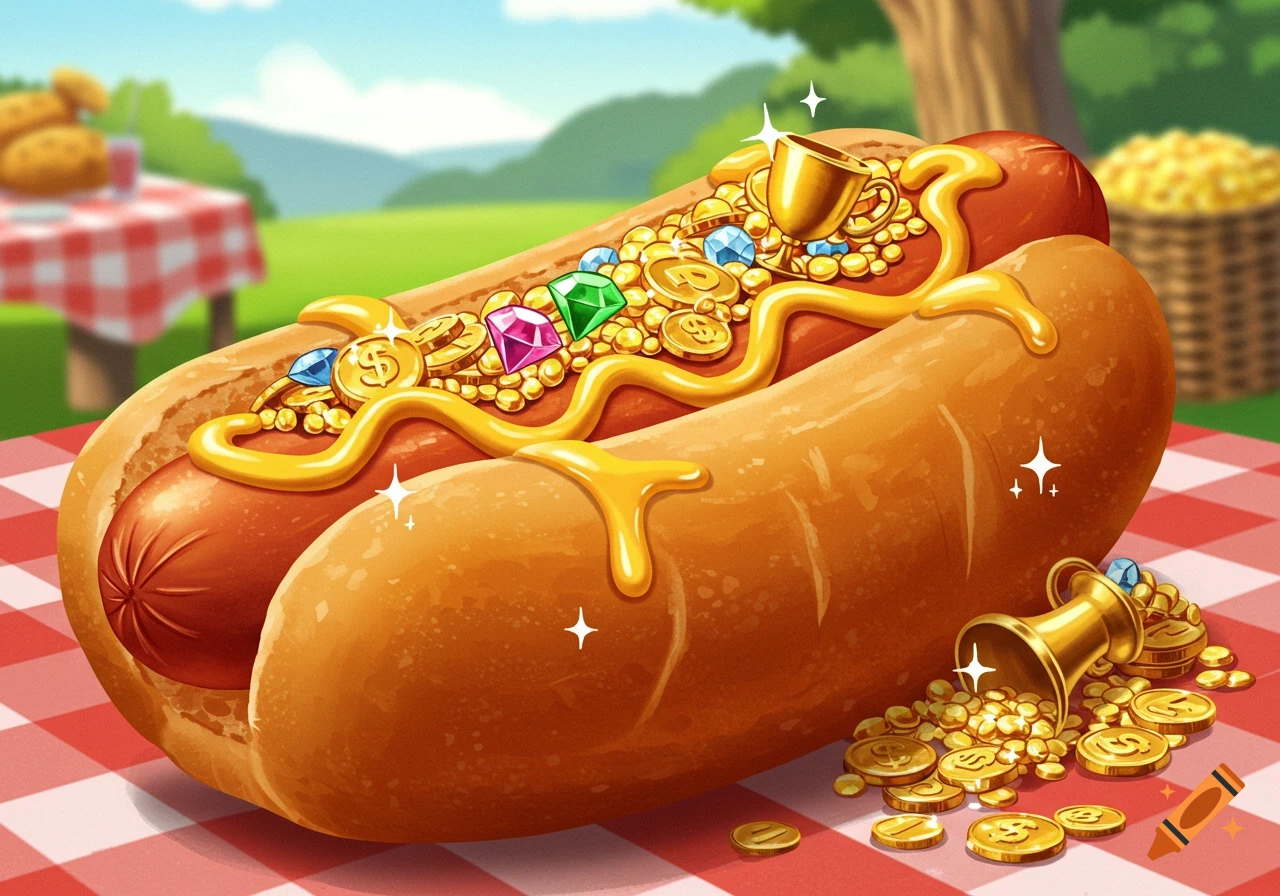 A cartoonish hot dog on a red checkered picnic blanket, topped with shiny gold coins, gems, and a golden trophy, drizzled with mustard.