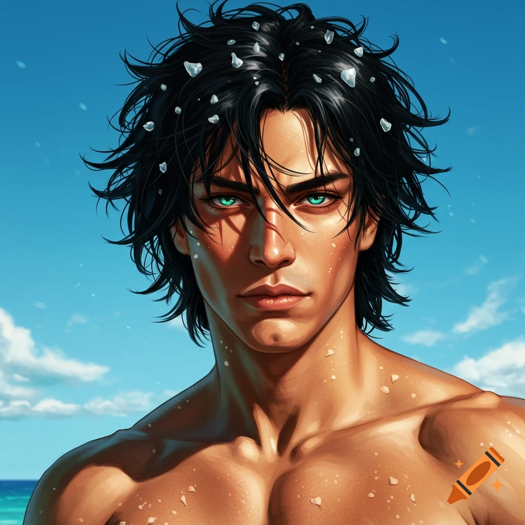 Close-up digital art portrait of a muscular man with black messy hair and piercing green eyes, water droplets on his skin, against a blue sky.