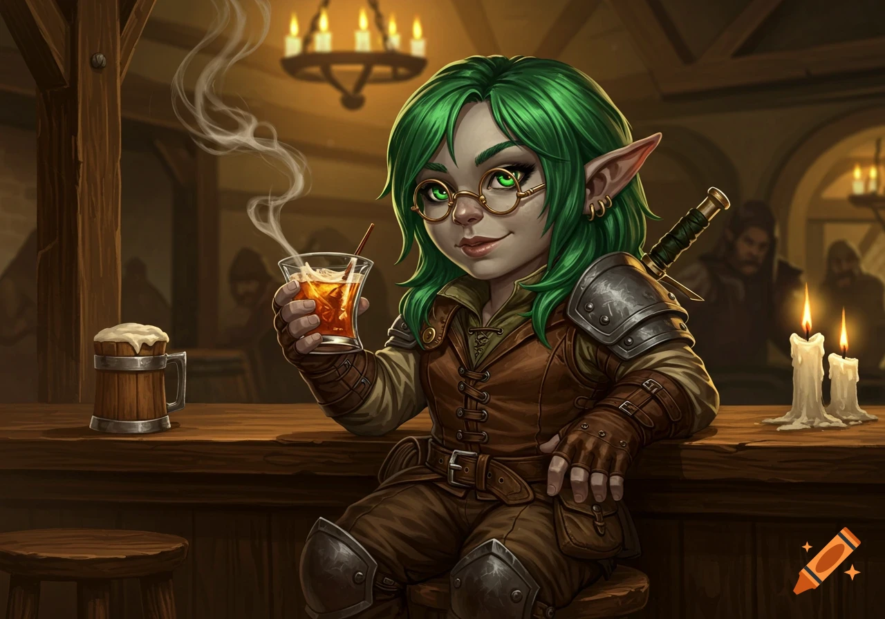 A cute green-haired gnome or elf character with glasses sits at a tavern bar, holding a steaming drink. Digital art.