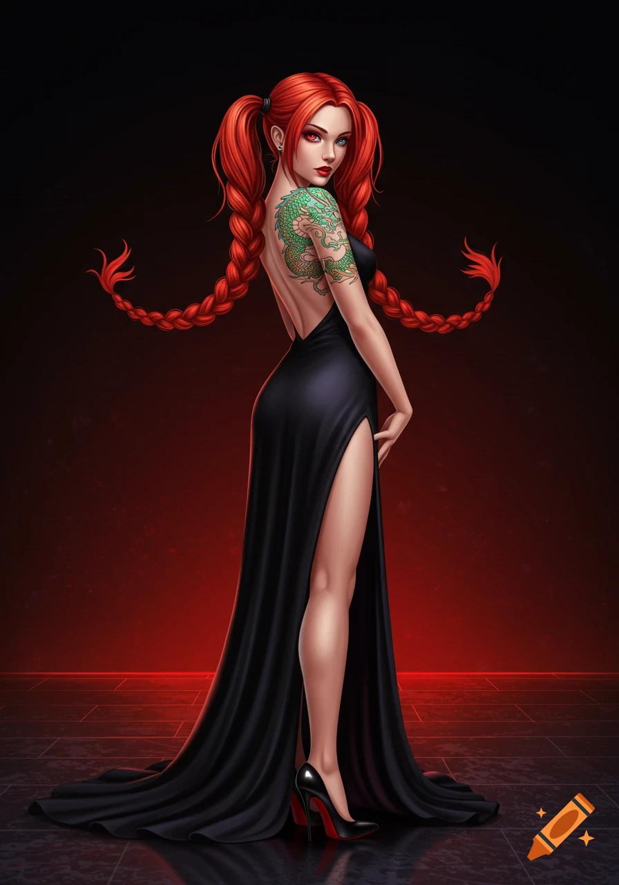 A stylized woman with long red braided pigtails, heterochromatic eyes, and a green dragon tattoo on her back, wearing a black evening dress with a high slit and red-soled heels.