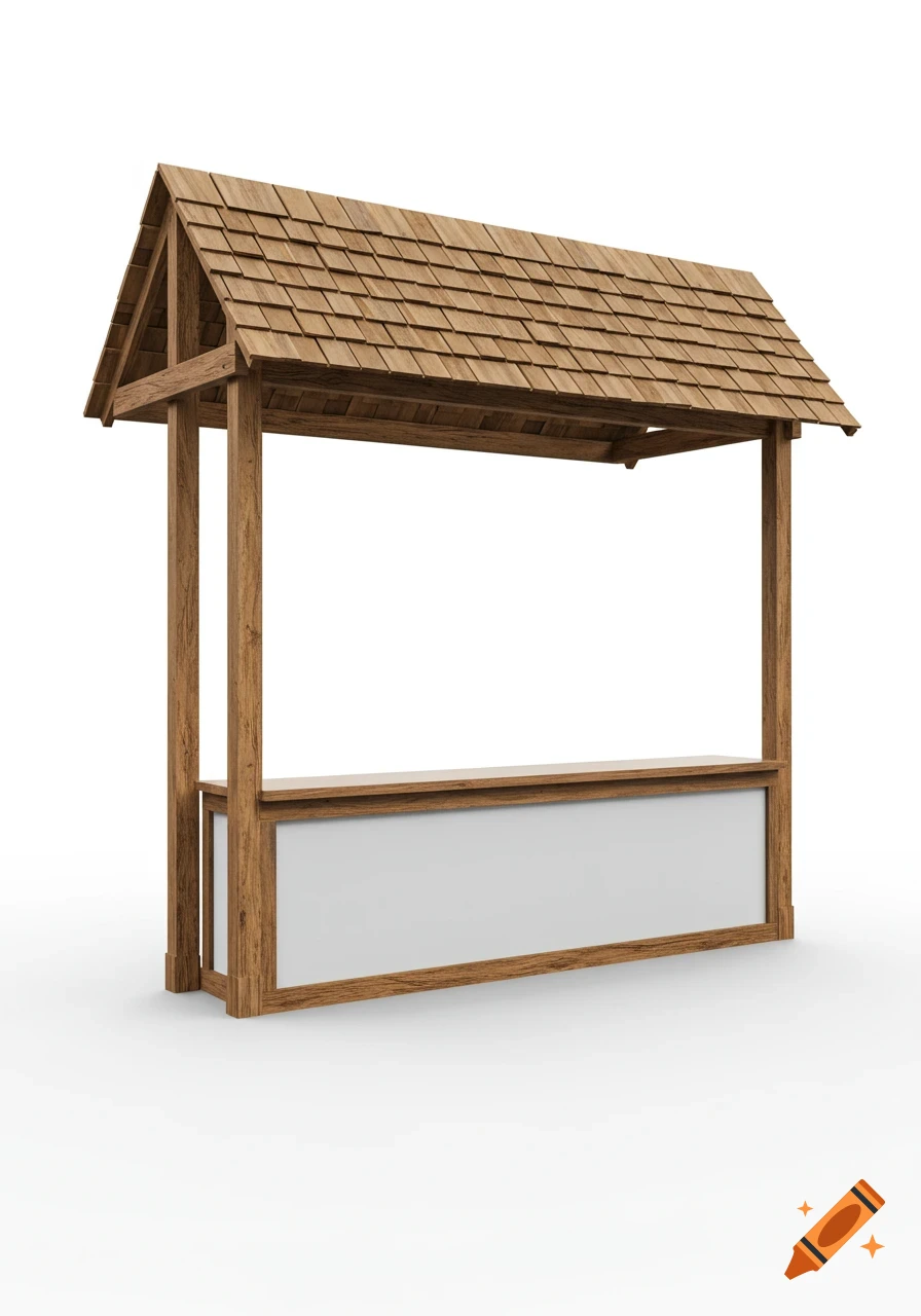 A wooden event booth facade with a counter and a cedar shingle roof, on a white background.