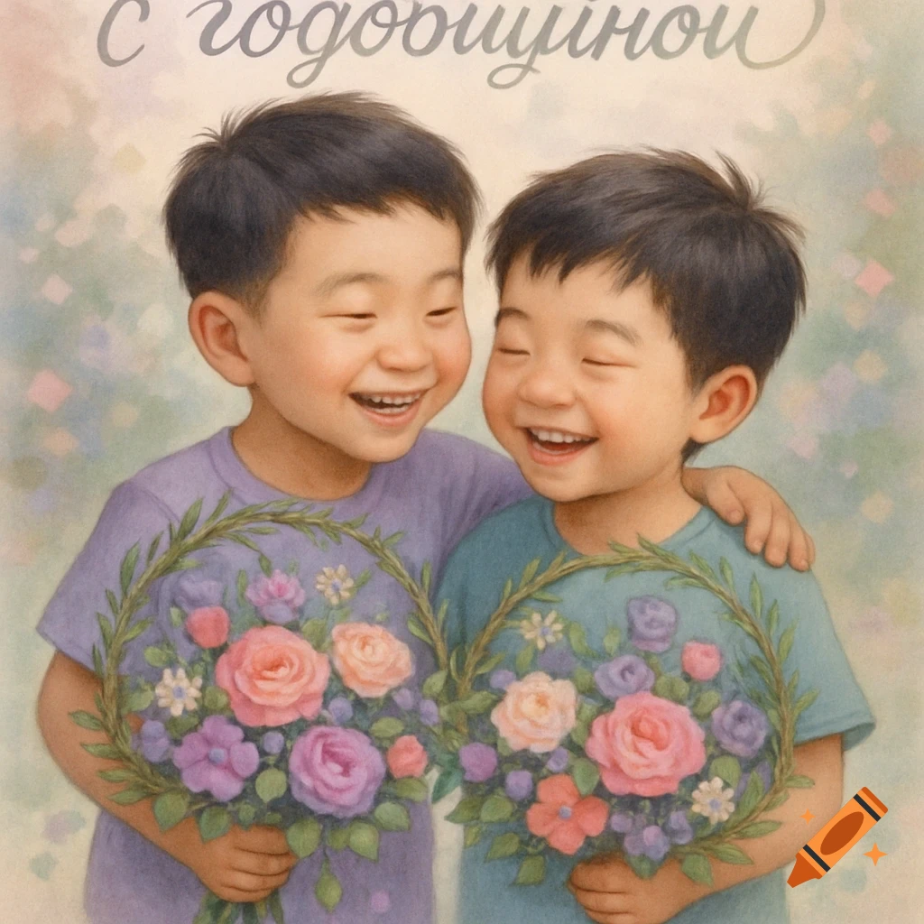 Two smiling Asian boys, illustrated in a soft painting style, embrace while holding floral wreaths. Text above reads 'Happy Anniversary'.