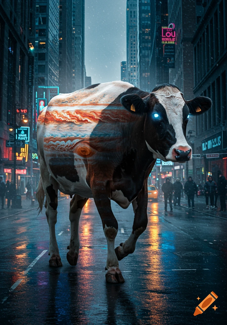 A large cow with patterns resembling Jupiter on its body stands on a wet city street at night, its eyes glowing blue.