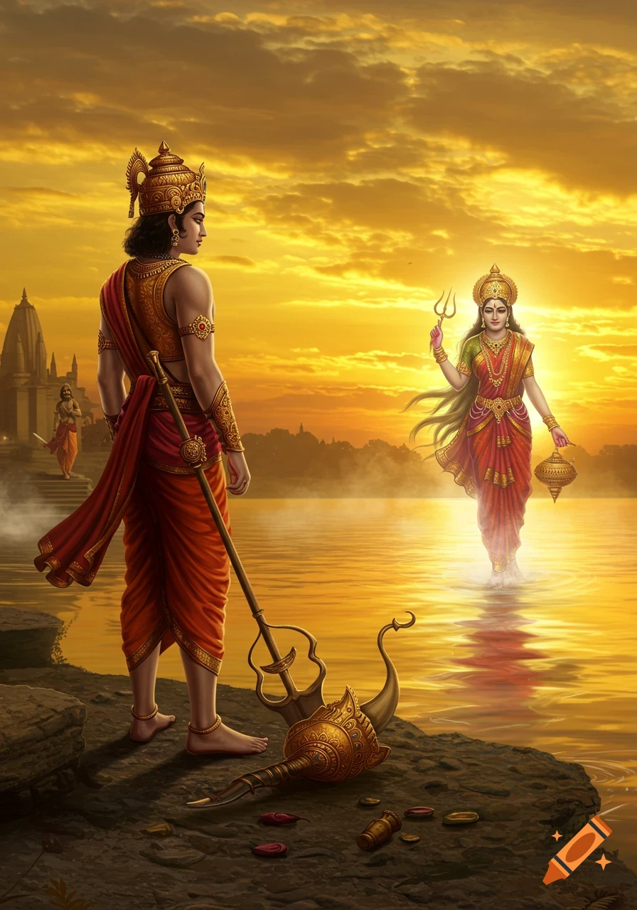 A warrior prince stands on a river bank at sunset, looking at a goddess emerging from the golden water, with a temple in the background.