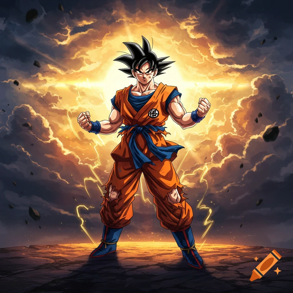 Goku from Dragon Ball stands in an epic battle pose, surrounded by golden energy and storm clouds.