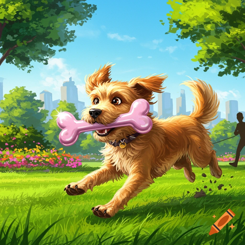 A shaggy brown dog excitedly runs through a park, carrying a shiny pink bone in its mouth, with a city skyline in the background.