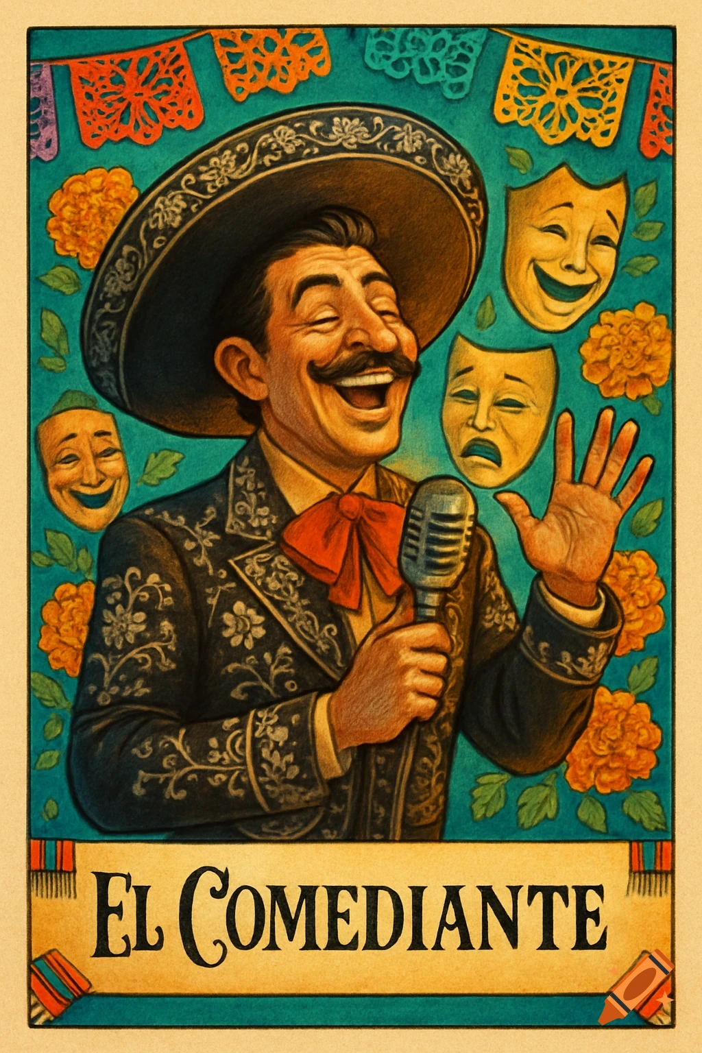 Illustration of a laughing man in a mariachi suit and sombrero holding a microphone, surrounded by theatre masks and papel picado. Text reads "El Comediante".