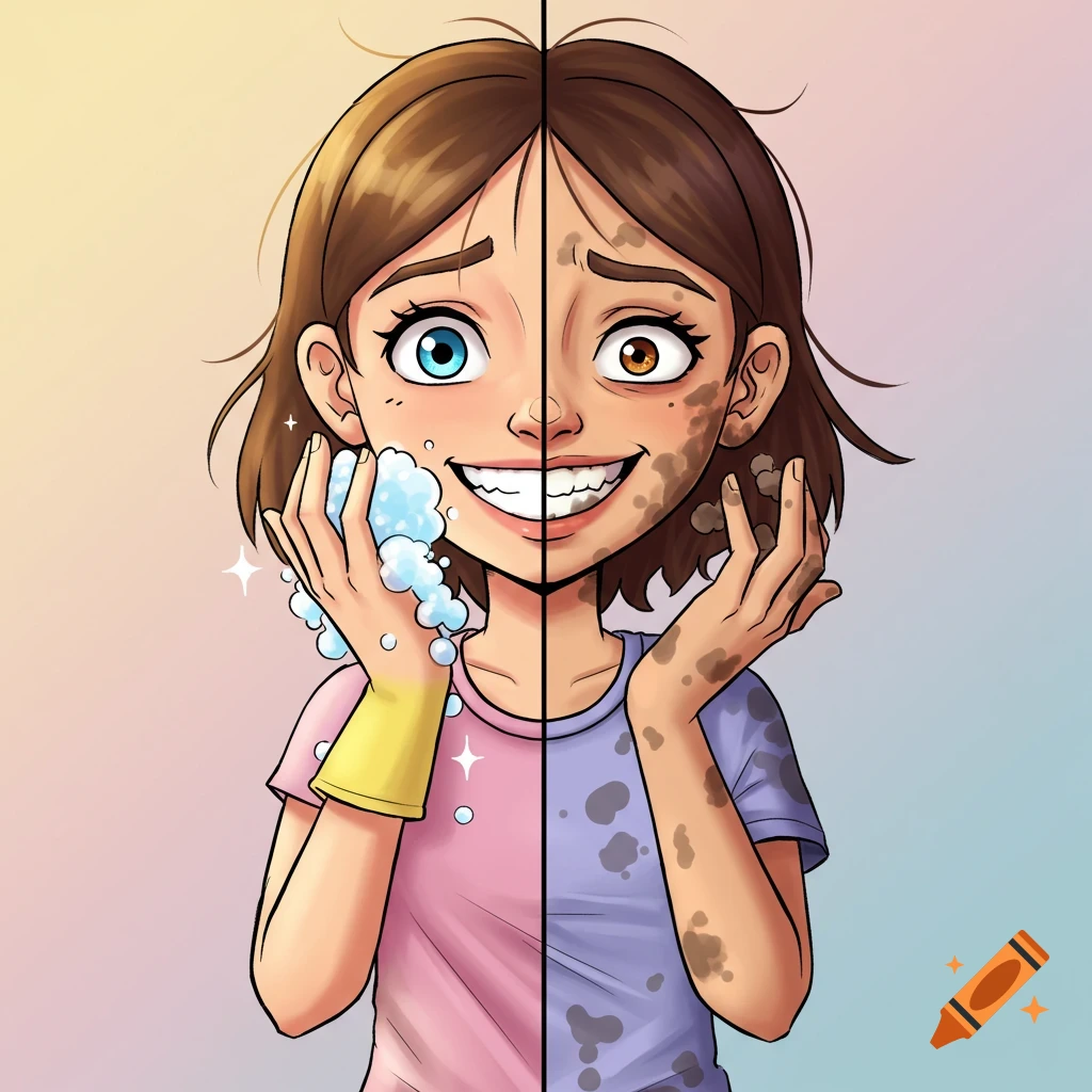 A cartoon girl split in half: one side clean with sparkling teeth and soap, the other side messy with dirt smudges.