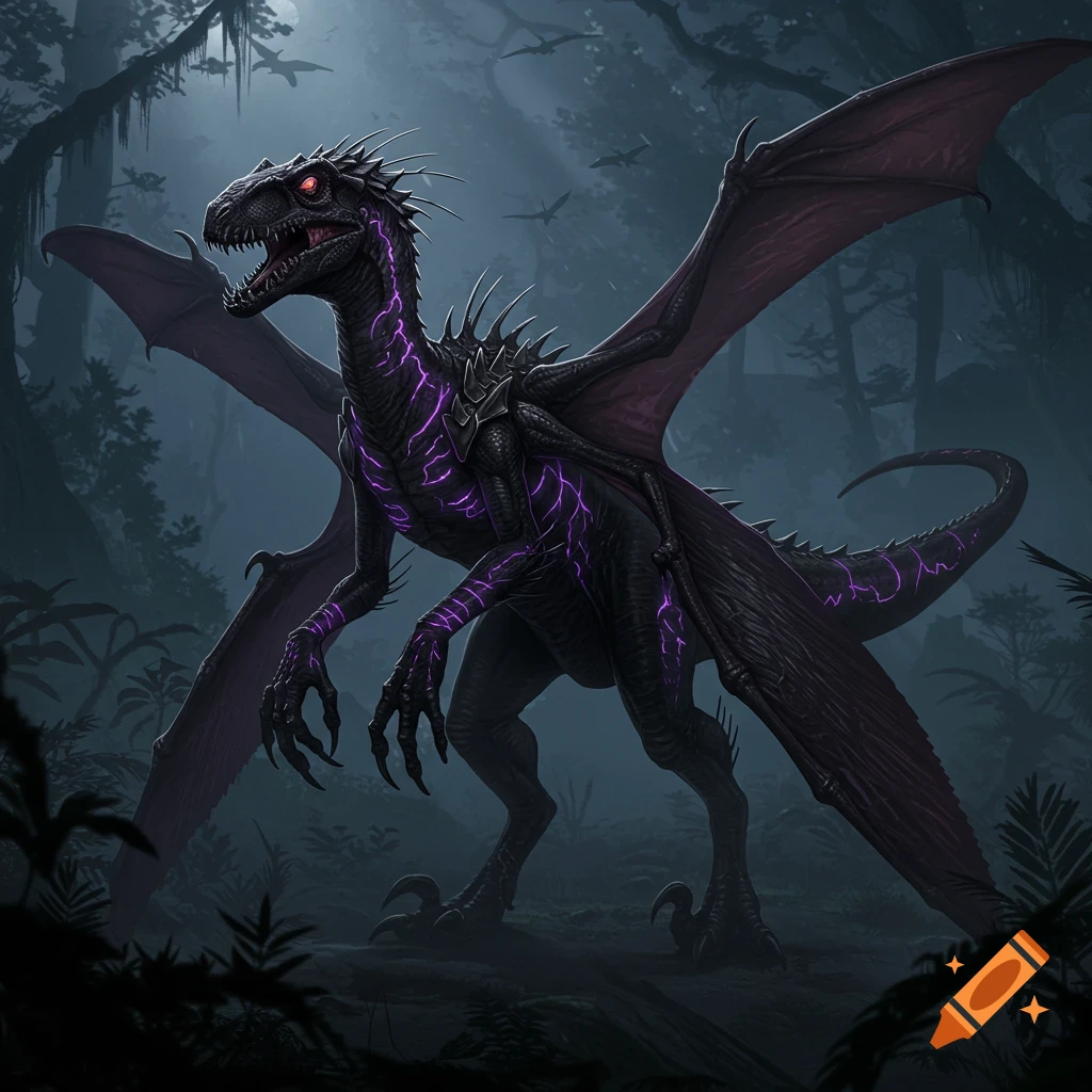 A fierce black winged raptor with glowing purple veins and red eyes stands in a dark, misty forest.