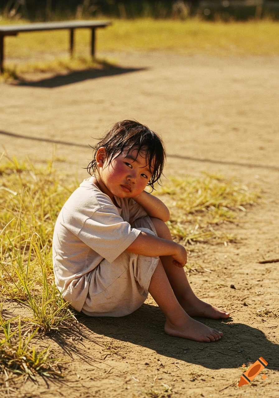 A young child sits hunched on dirt ground with sparse grass, looking sadly at the camera, with flushed cheeks and wet hair. Photorealistic.