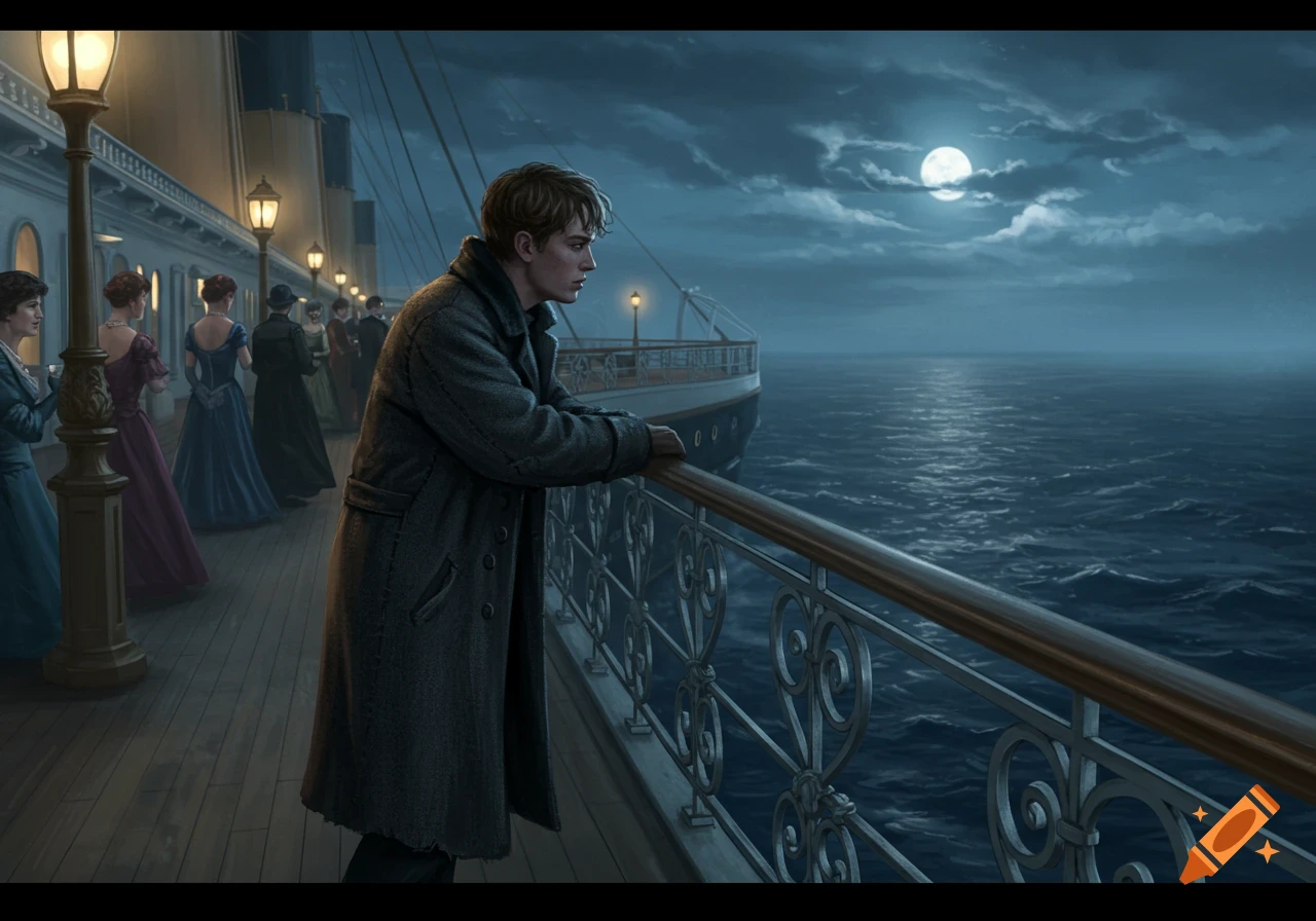 A young man in a long coat looks out at the moonlit ocean from a ship's deck at night, with other passengers nearby.
