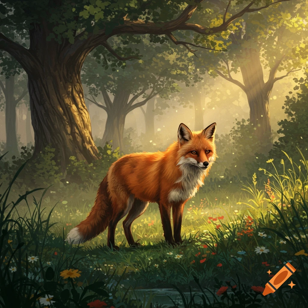 A red fox stands in a sunlit, lush green forest clearing filled with wildflowers, depicted in an illustrative style.
