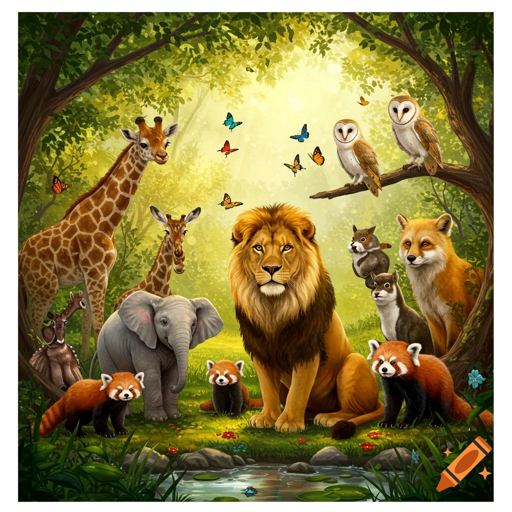 A vibrant illustration of a gathering of diverse wild animals including a lion, giraffes, an elephant, and red pandas in a lush forest clearing.
