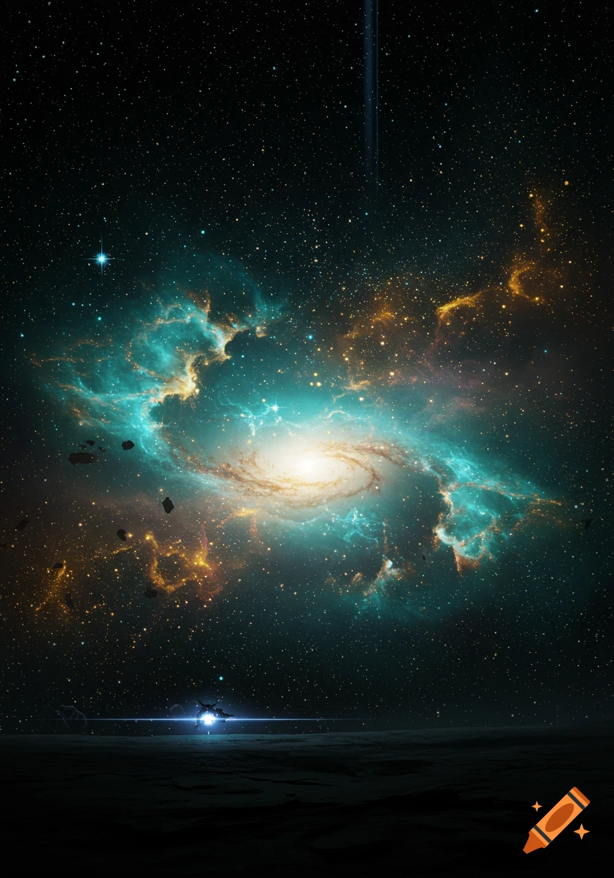 A vibrant spiral galaxy with teal and orange nebulae in a star-filled cosmic background above a dark planetary surface with a glowing spaceship.