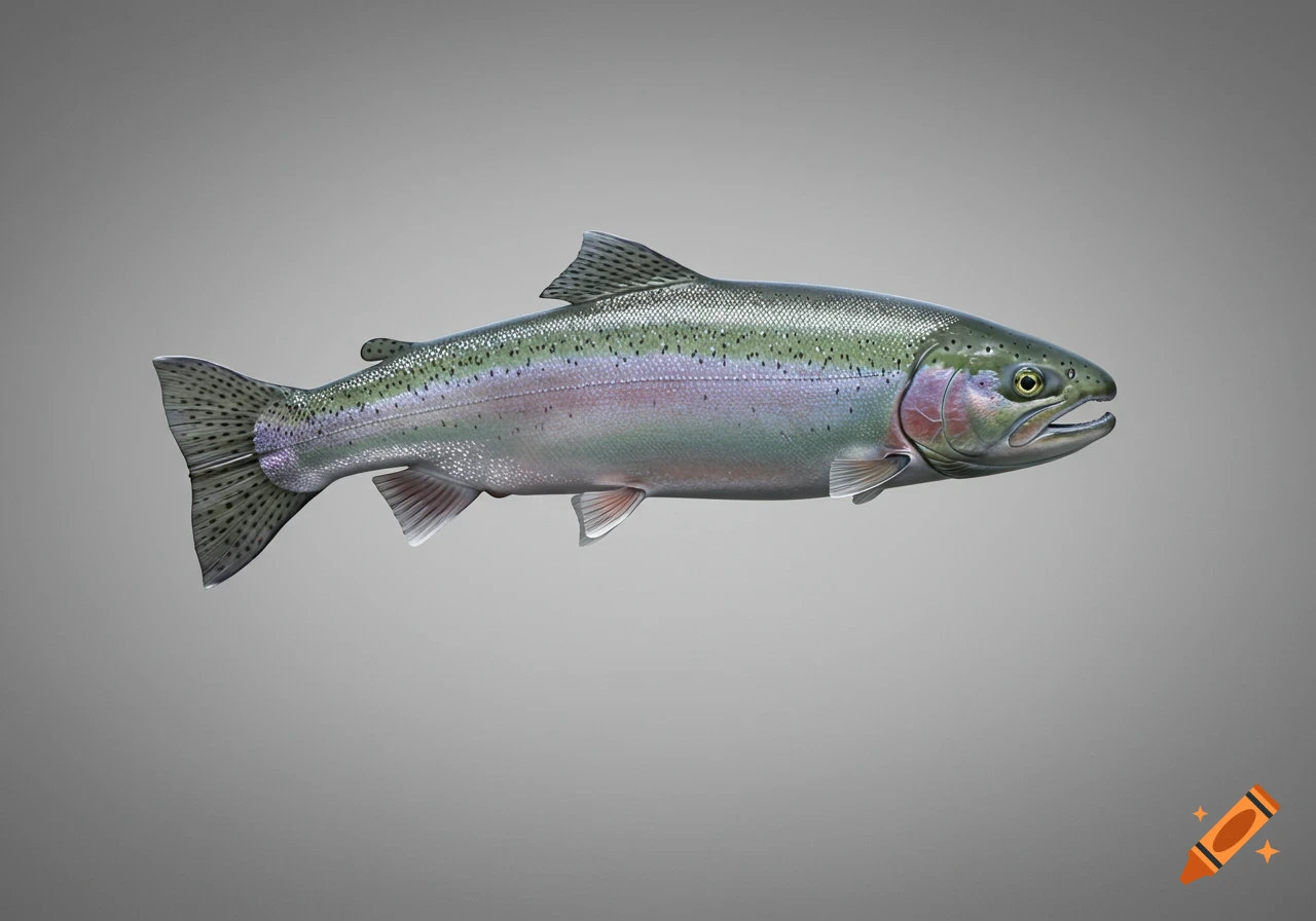 A photorealistic steelhead trout in side profile against a plain gray background.