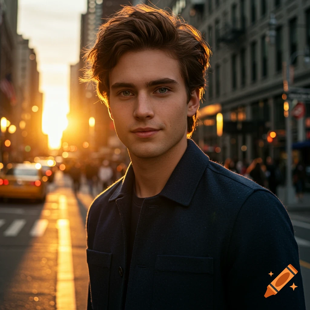 A young man with brown hair and blue eyes looks at the camera on a busy city street at sunset, with golden light behind him.