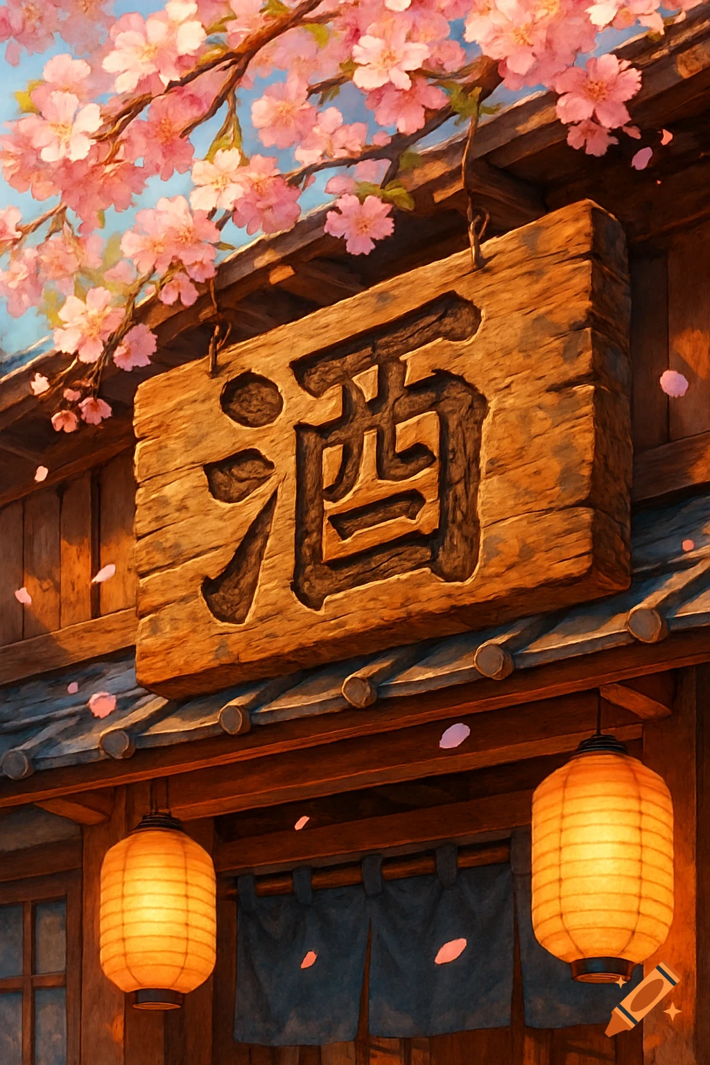 A traditional Japanese building with a wooden sign featuring the kanji for 'sake' under blooming cherry blossoms and lanterns.