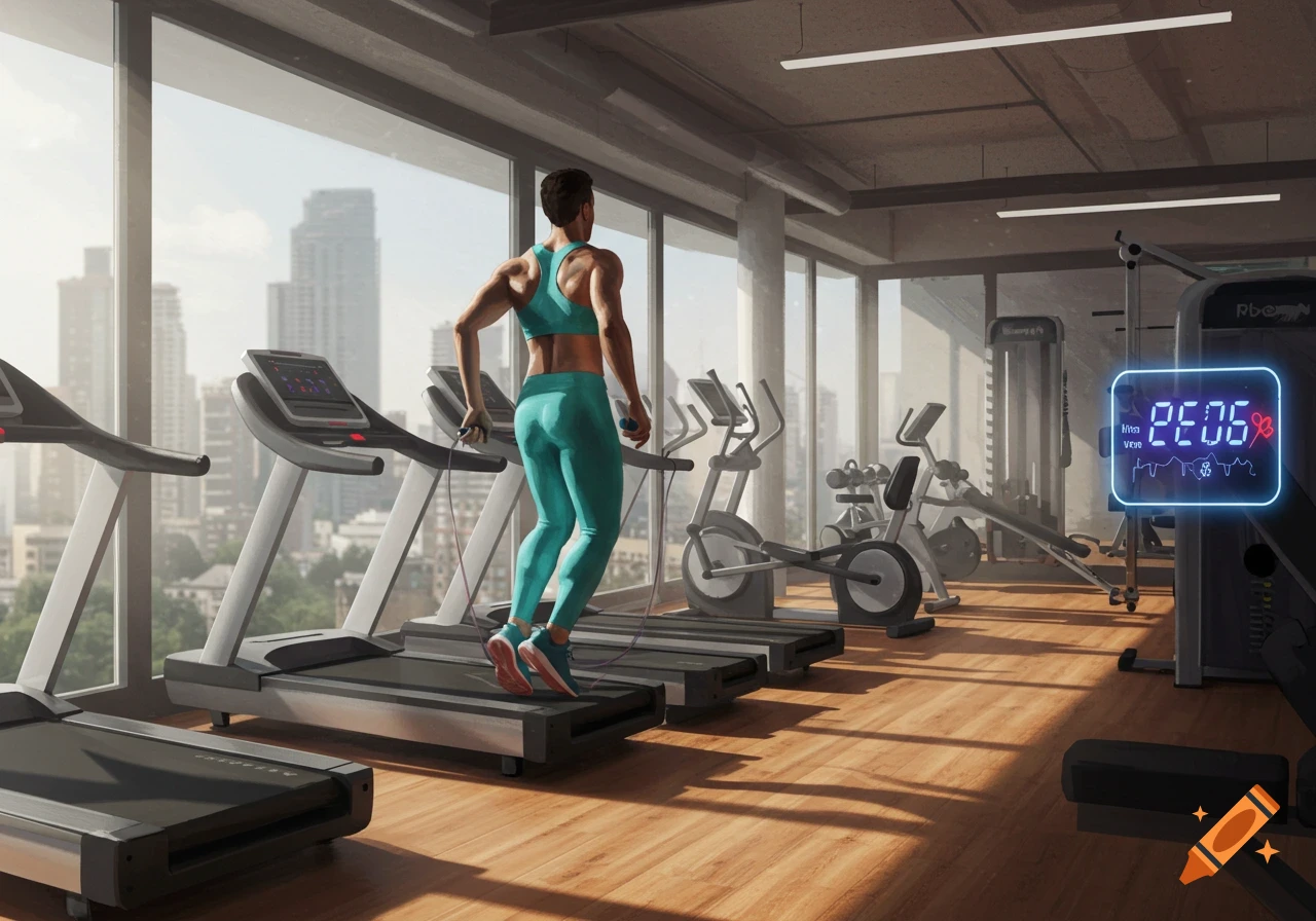A person runs on a treadmill in a modern gym with large windows overlooking a city. A digital display shows workout data.