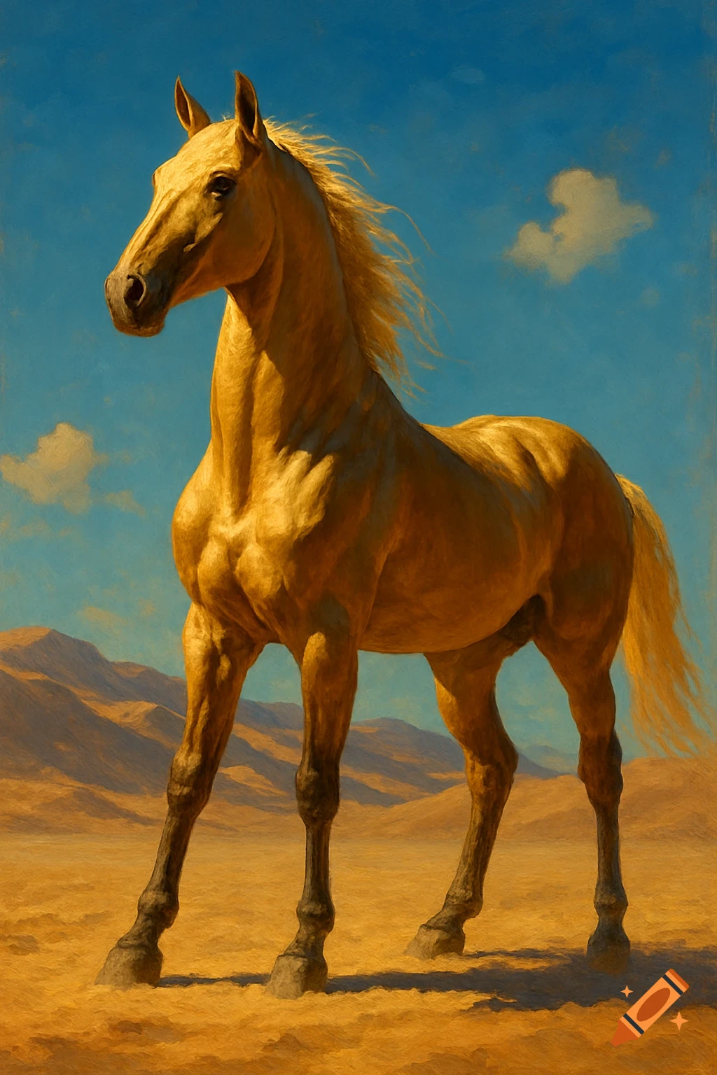 A golden horse stands in a sandy desert under a clear blue sky, depicted in a painterly style.