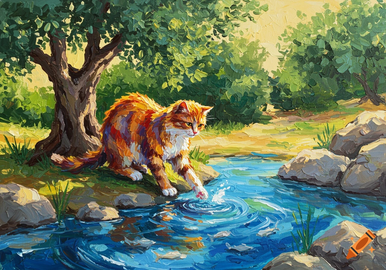 Colorful impressionistic painting of an orange cat pawing at fish in a blue stream, surrounded by green trees and rocks.