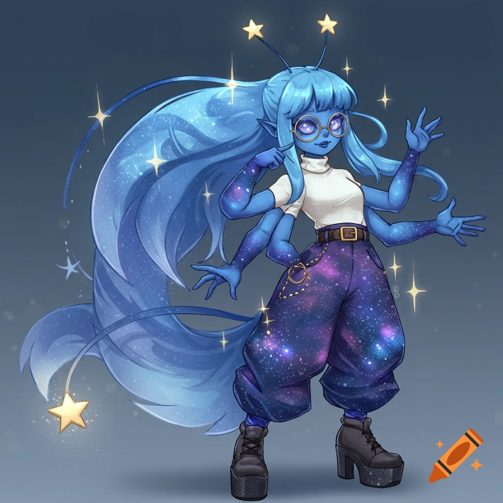 An anime-style alien girl with blue skin, four arms, and long blue hair with stars. She wears a white turtleneck, galaxy-print pants, platform shoes, and star antennae.