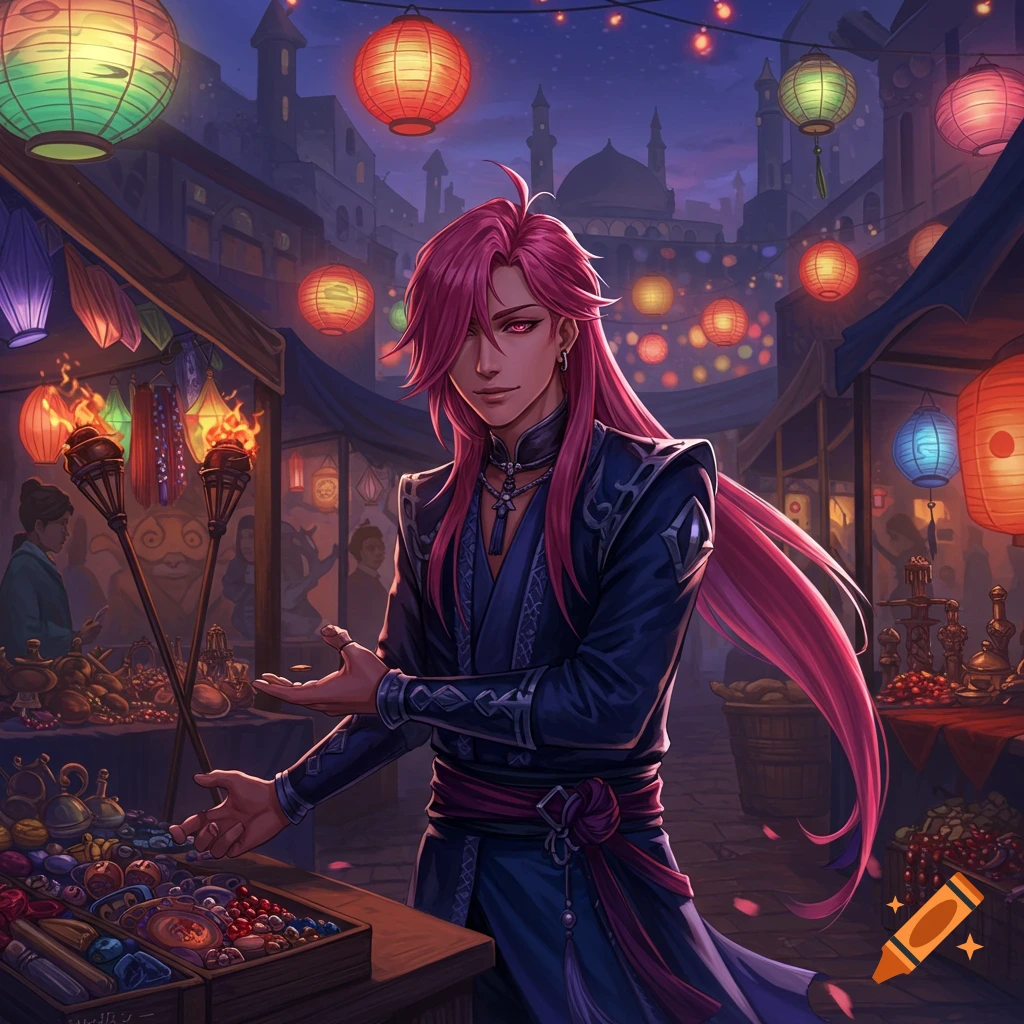 Anime-style character with long pink hair at a vibrant night market with glowing lanterns.