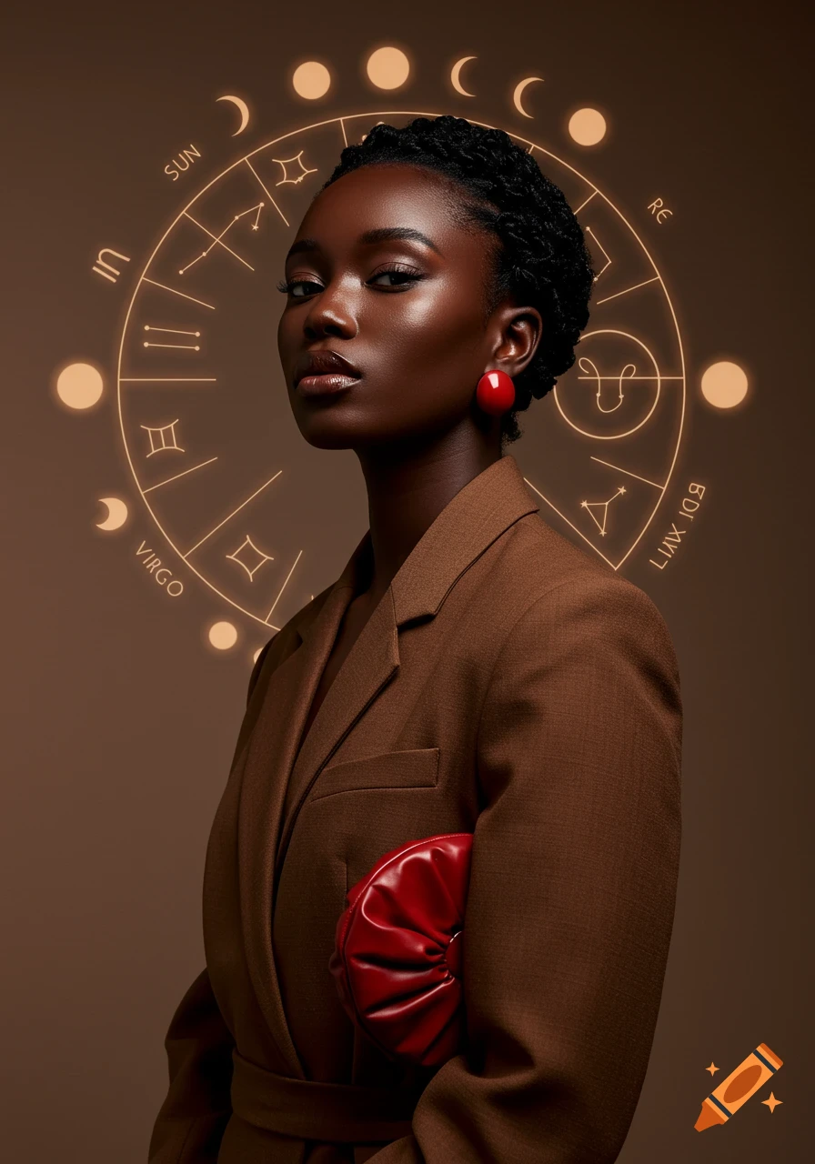 A stylish Black woman in a brown blazer holds a red clutch, posing in front of a glowing zodiac wheel with moon phases.