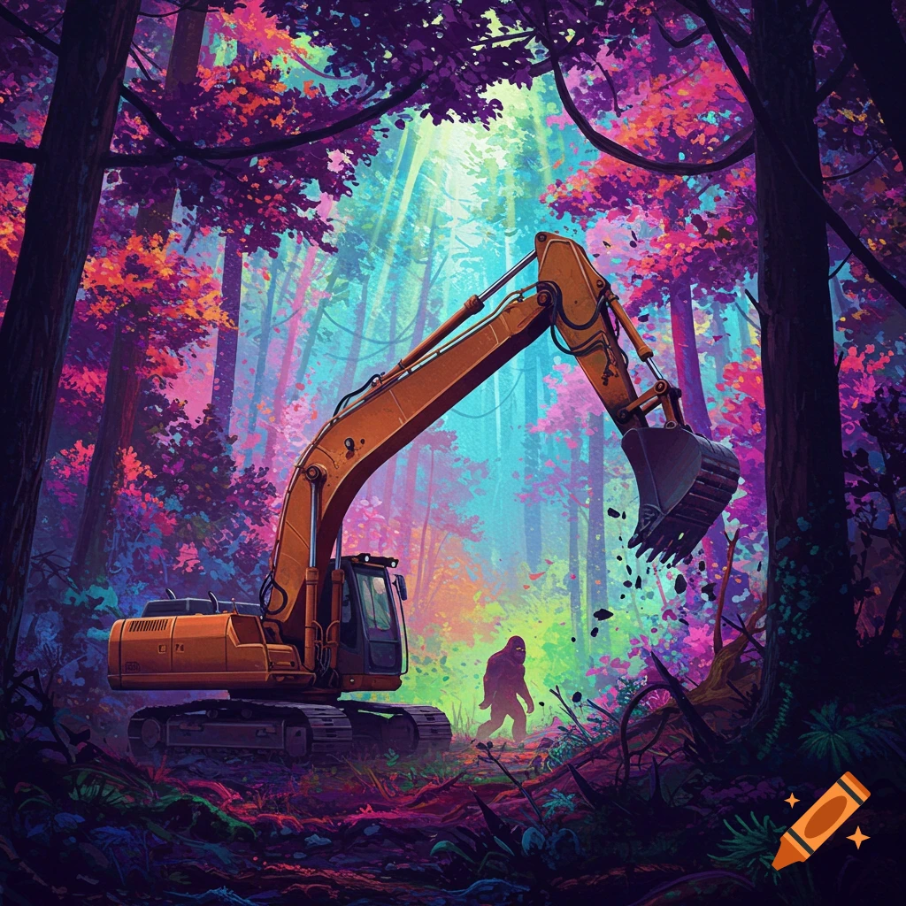 An orange excavator sits in a vibrant, psychedelic forest with a shadowy Sasquatch figure walking past, in an illustrative style.