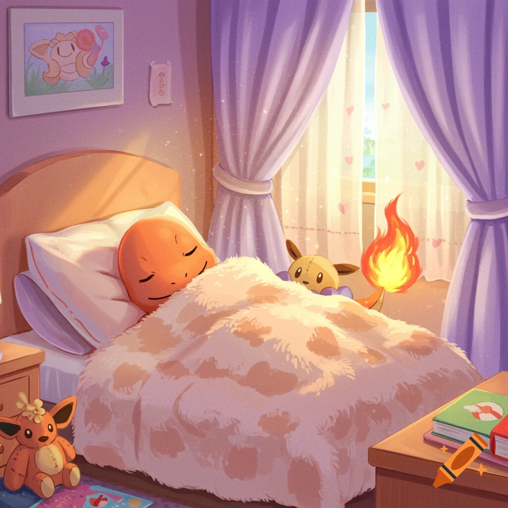An adorable anime-style Charmander sleeping soundly in a cozy bed with a fluffy blanket, next to an Eevee plushie, in a sunlit room with purple curtains.