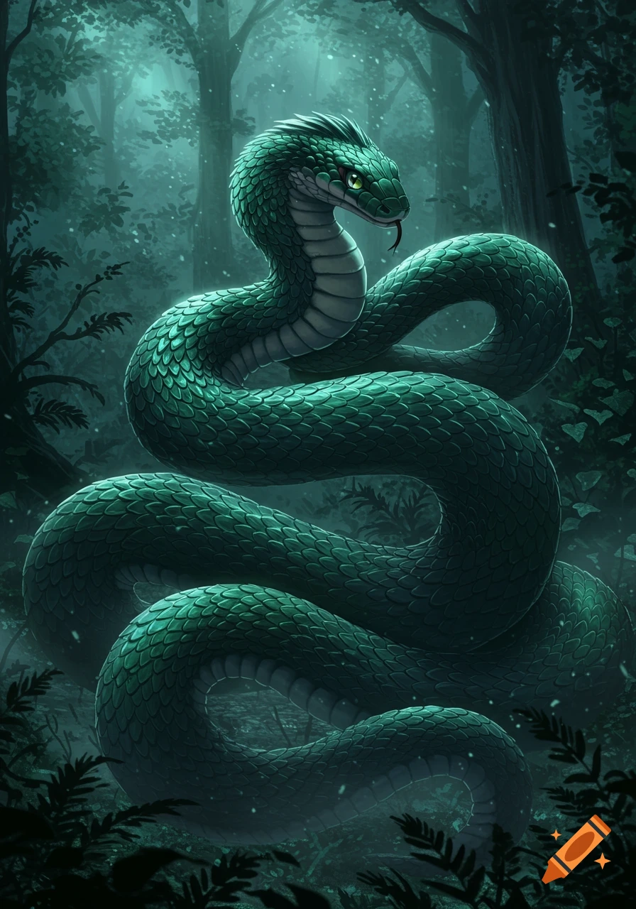 A vibrant green snake with glowing eyes coils amidst the dark, misty undergrowth of a forest.