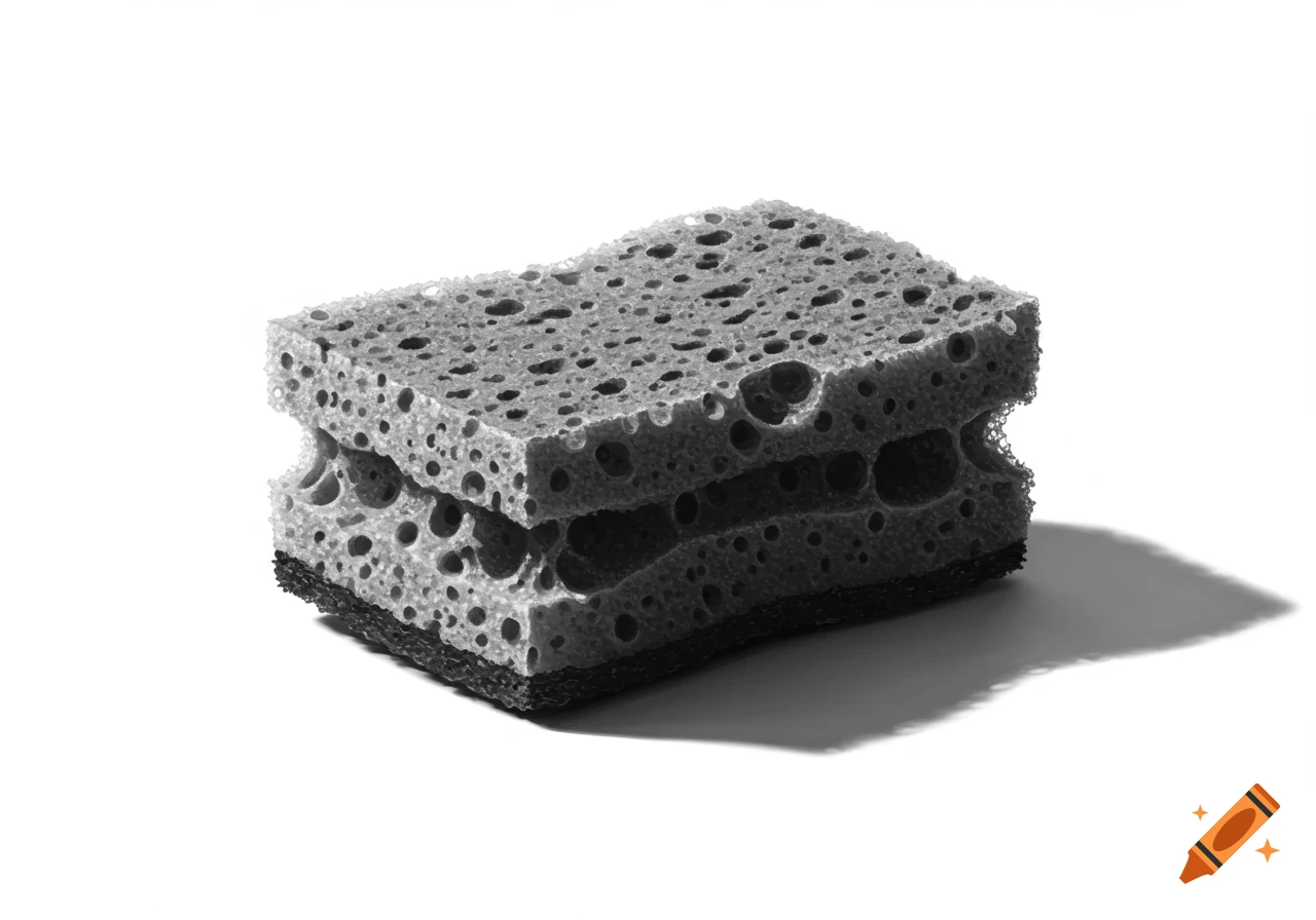 Black and white drawing of a rectangular sponge with a porous texture and shadow.
