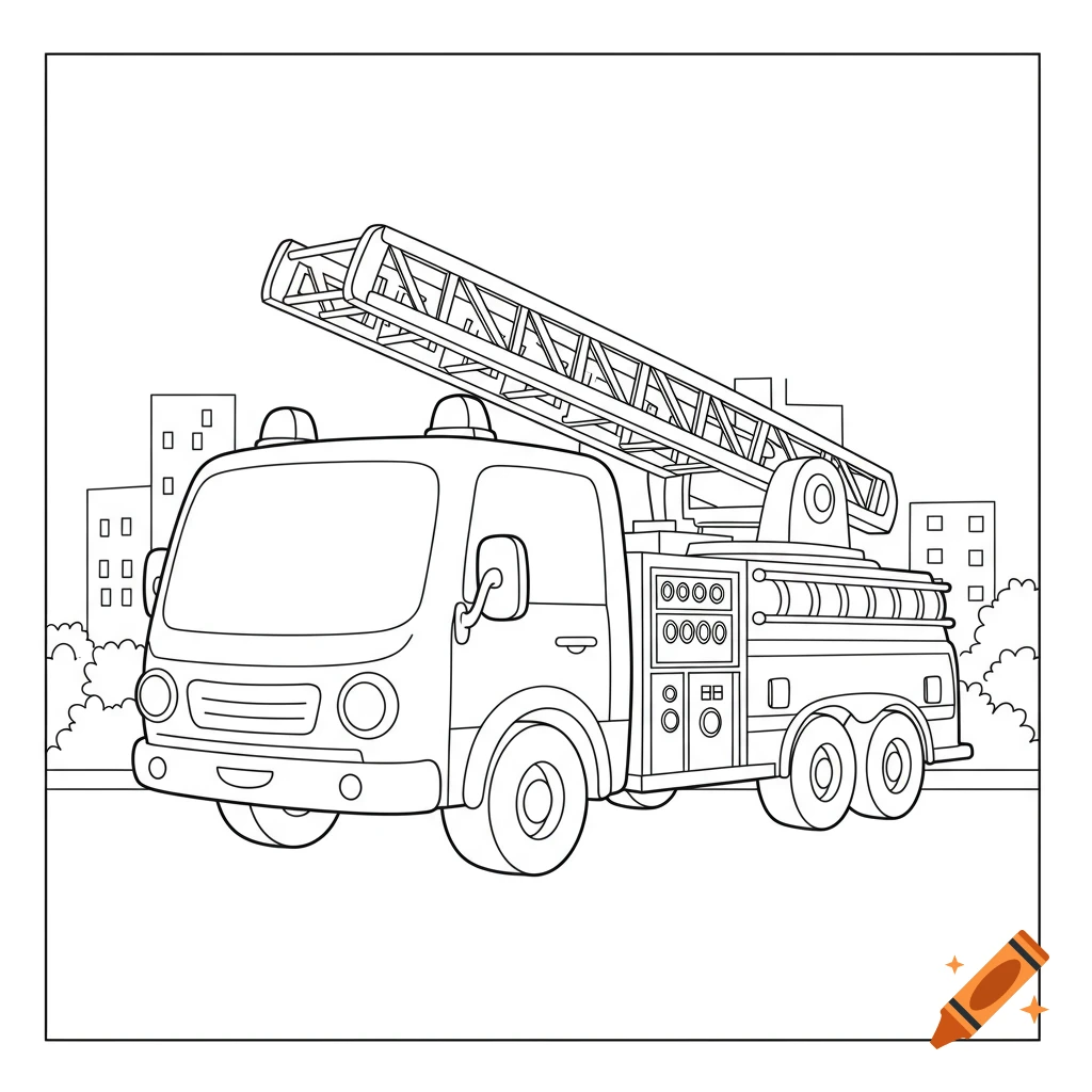 Black and white cartoon fire truck coloring page with an extended ladder, set against a city skyline.