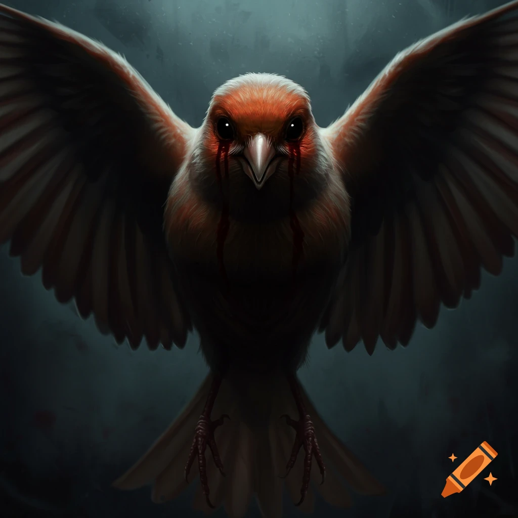 A horrifying canary with red streaks under its black eyes and spread wings, facing forward in a dark setting.
