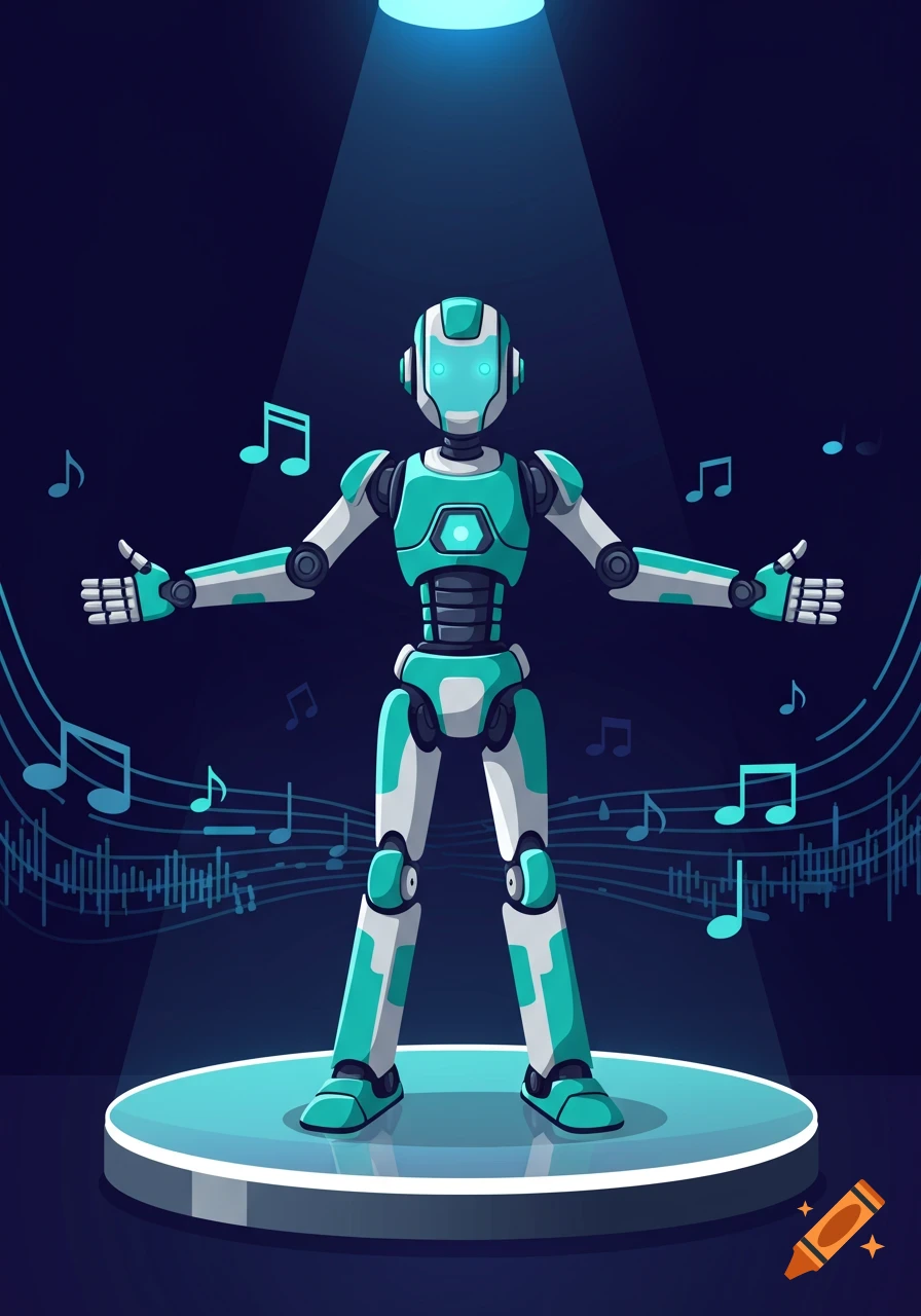 A teal and white robot stands on a lit stage, surrounded by floating musical notes and sound waves in a digital illustration.