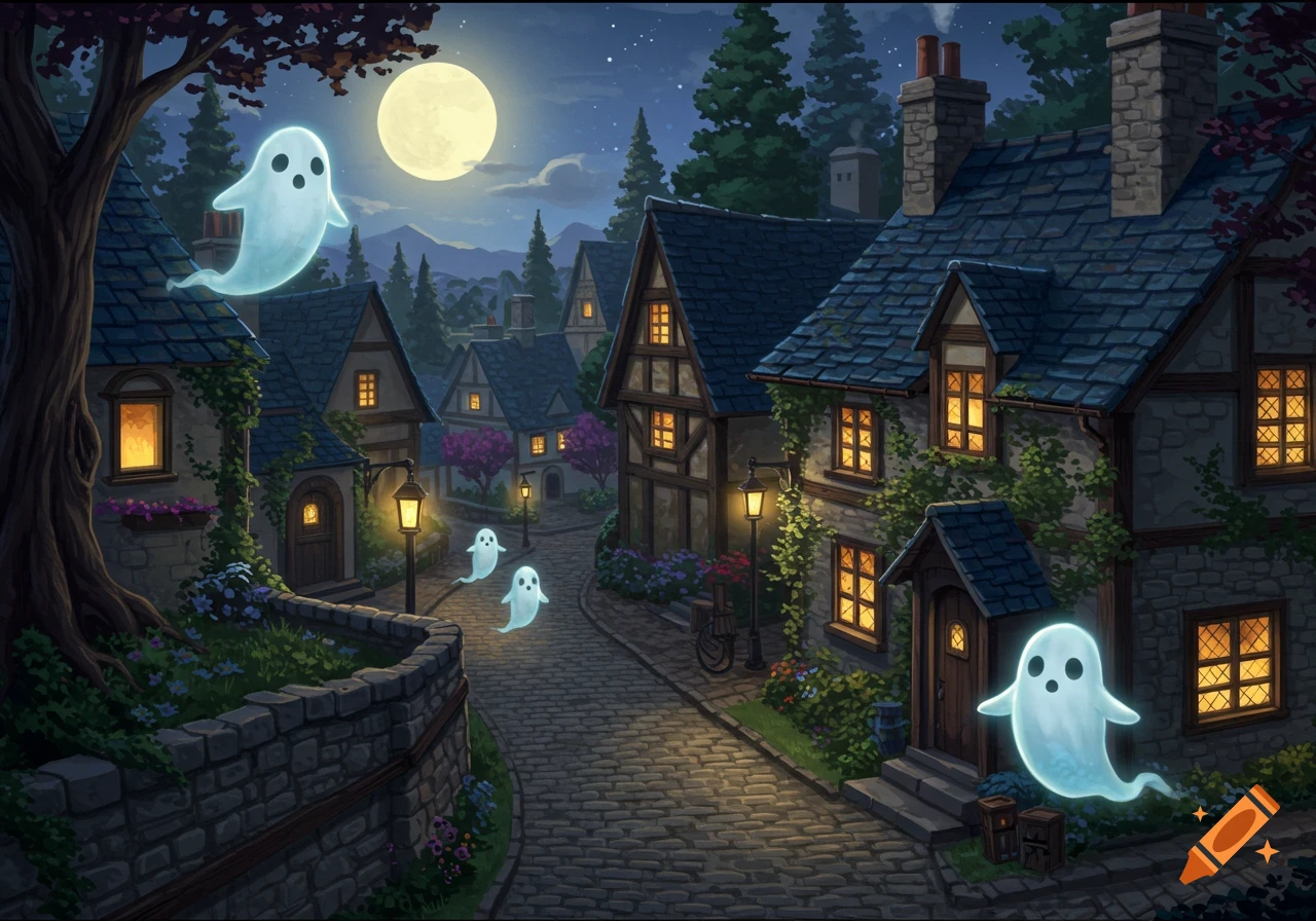 A whimsical village at night under a full moon, with glowing, cute ghosts floating along a cobblestone street among illuminated houses and trees.