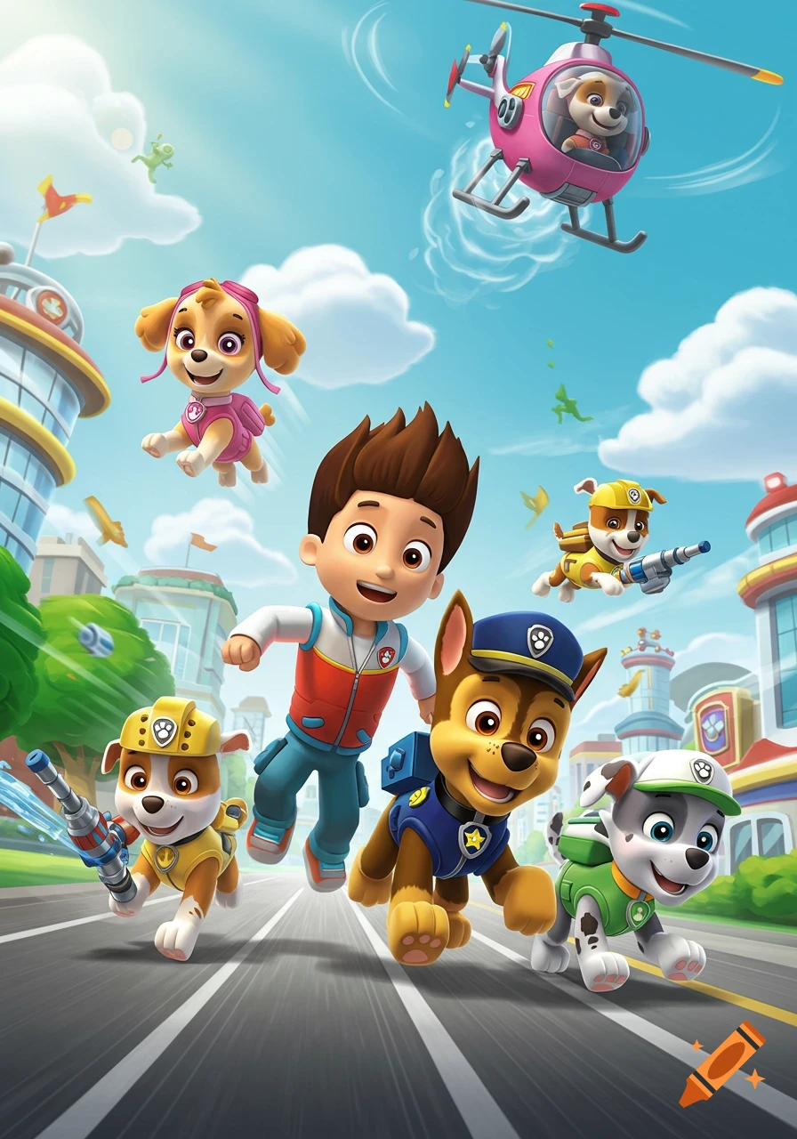 Ryder and several Paw Patrol pups, including Chase, Skye, Rubble, and Rocky, run and fly heroically over a city street.