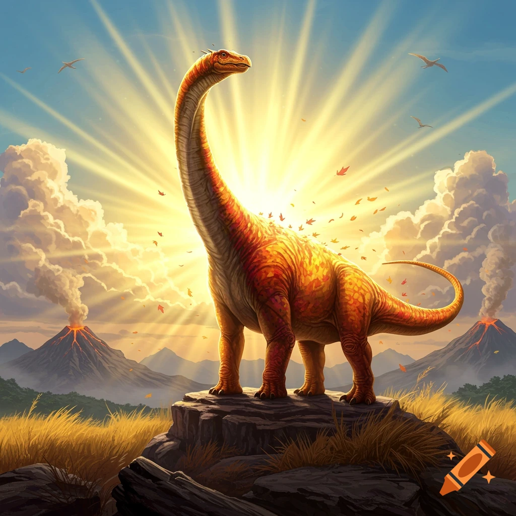A large orange dinosaur stands on a rock as the sun beams behind it in a prehistoric landscape with erupting volcanoes.