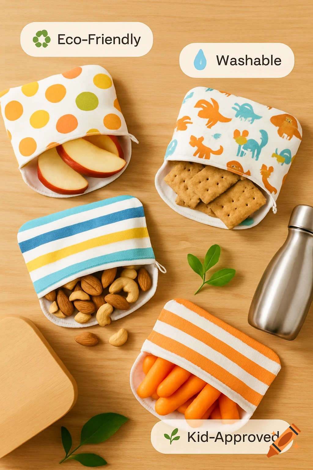 Flat lay of colorful reusable snack bags with apples, nuts, crackers, and carrots, on wood with a water bottle and leaves, labeled Eco-Friendly, Washable, Kid-Approved.
