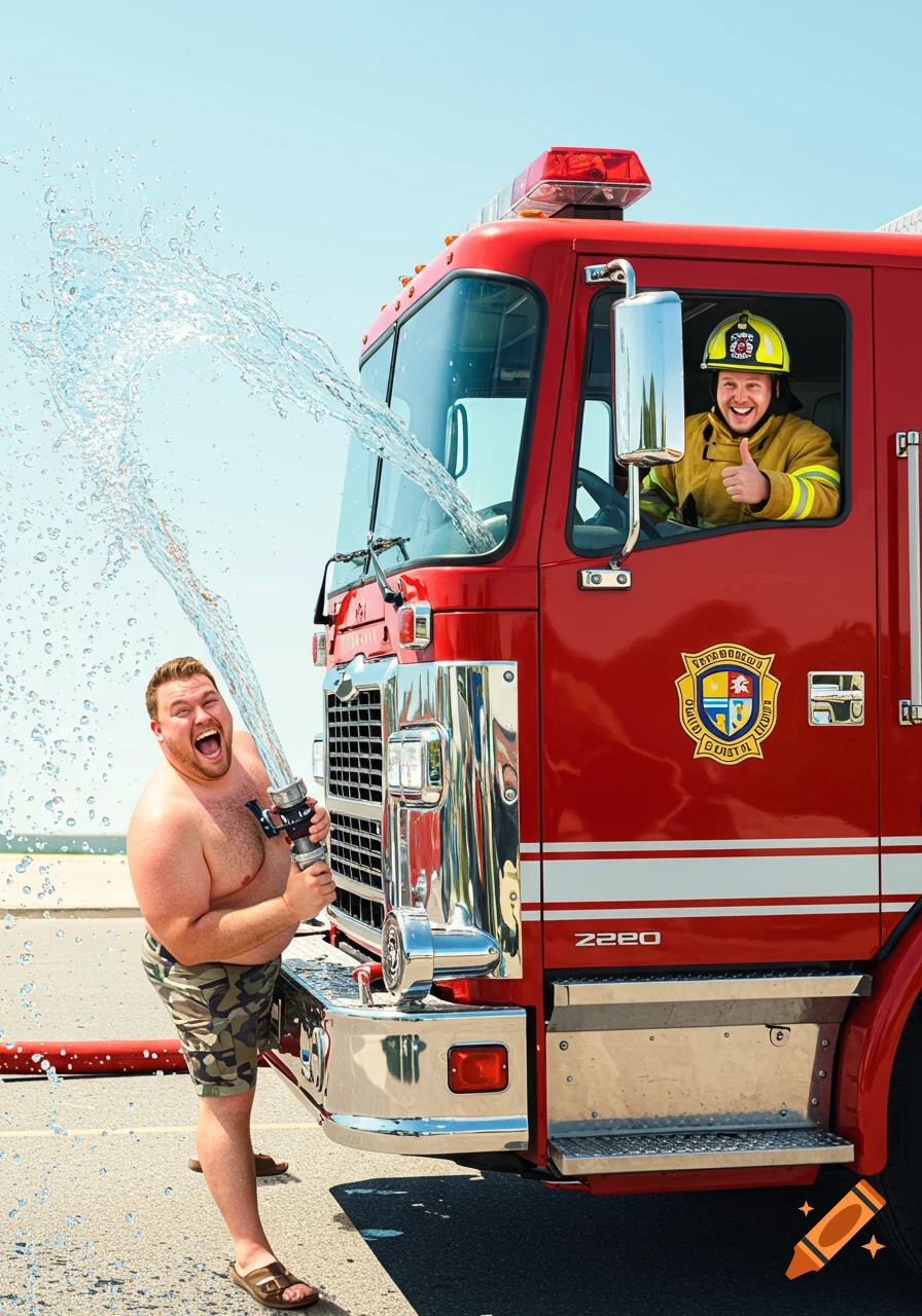 A shirtless man sprays water into his mouth from a fire hose while a firefighter in a red truck gives a thumbs up.