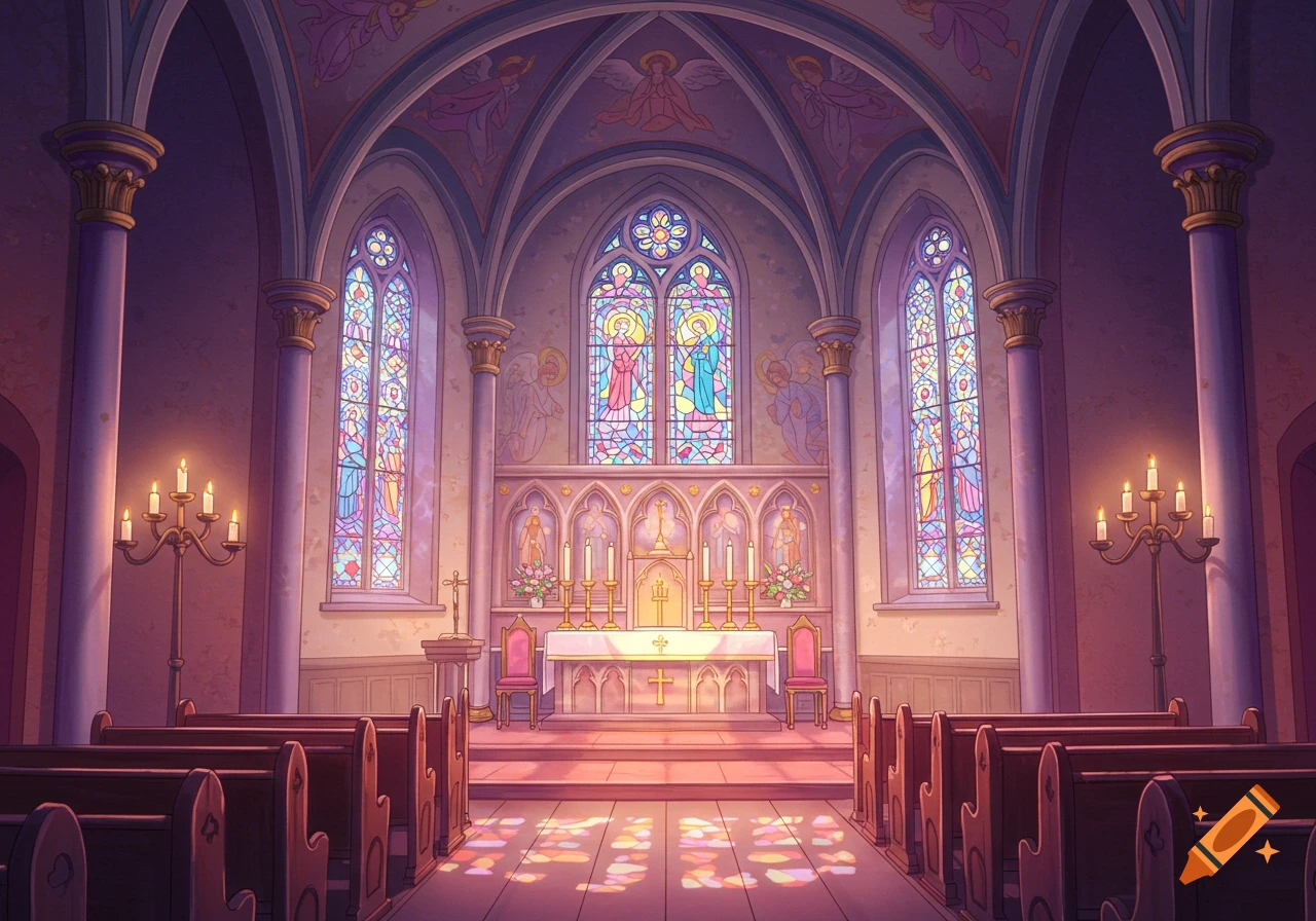 A cartoony painted church interior with an altar, vibrant stained glass, candles, and pews, lit by colorful light.