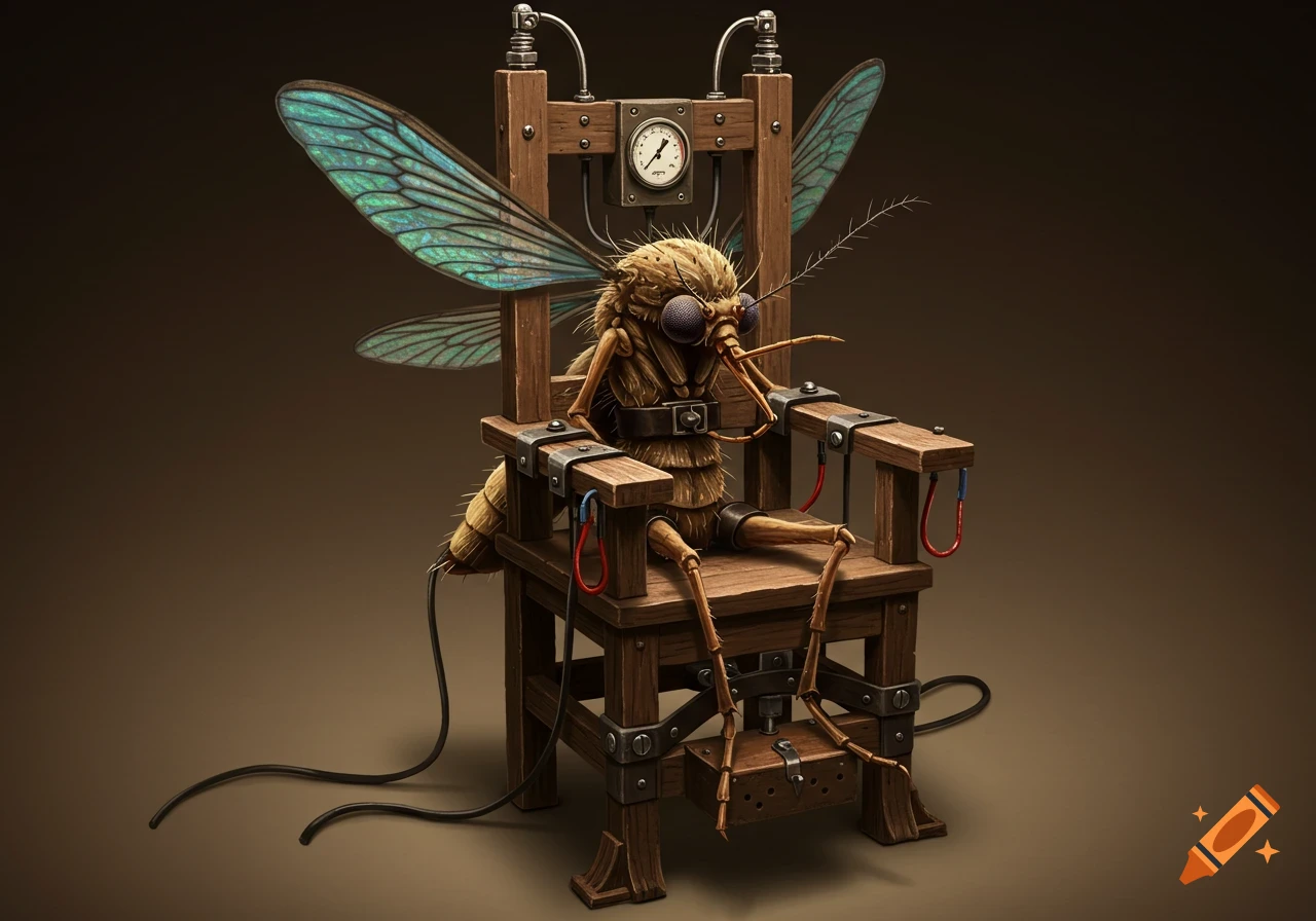 A detailed illustration of a large mosquito with translucent wings strapped into a wooden electric chair.