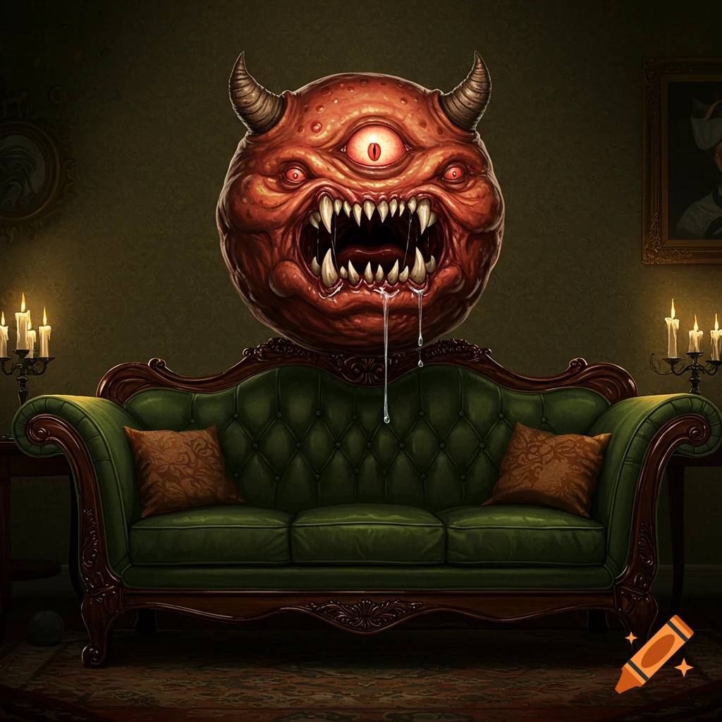 A red, one-eyed, horned monster with sharp teeth and drool, a Cacodemon, hovers over a green vintage sofa in a dark, ornate room.
