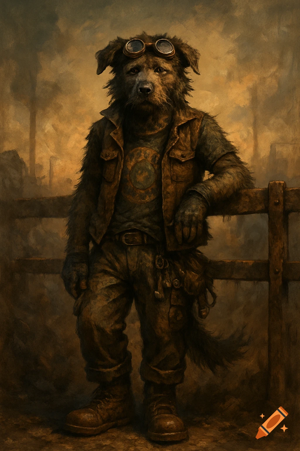 A gritty anthropomorphic dog character wearing goggles and a utility vest leans against a fence in a steampunk style artwork.