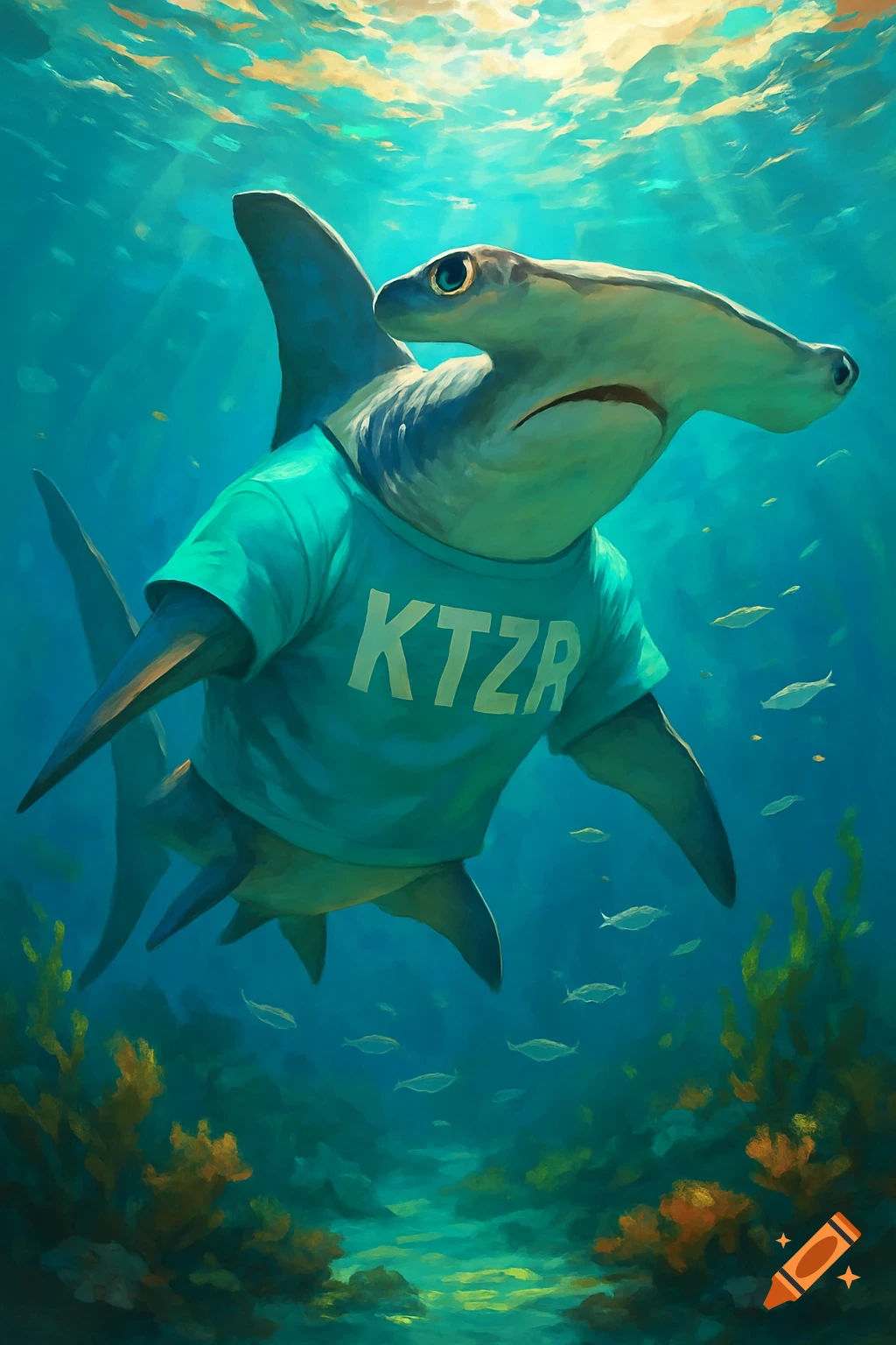 An illustrated hammerhead shark wearing a teal t-shirt with 'KTZR' on it, swimming underwater with light rays and small fish.