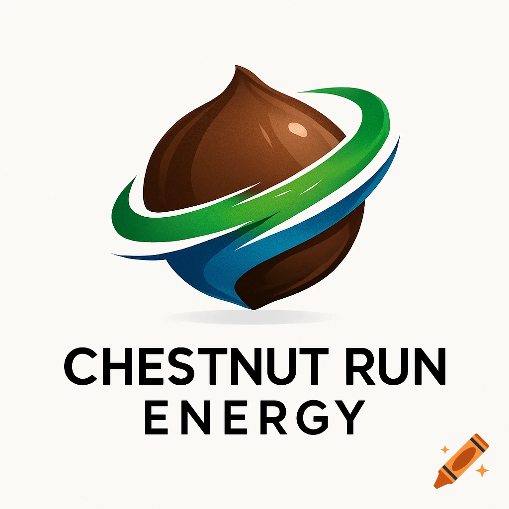 Logo with a stylized brown chestnut orbited by green and blue swooshes above the text 'CHESTNUT RUN ENERGY'.